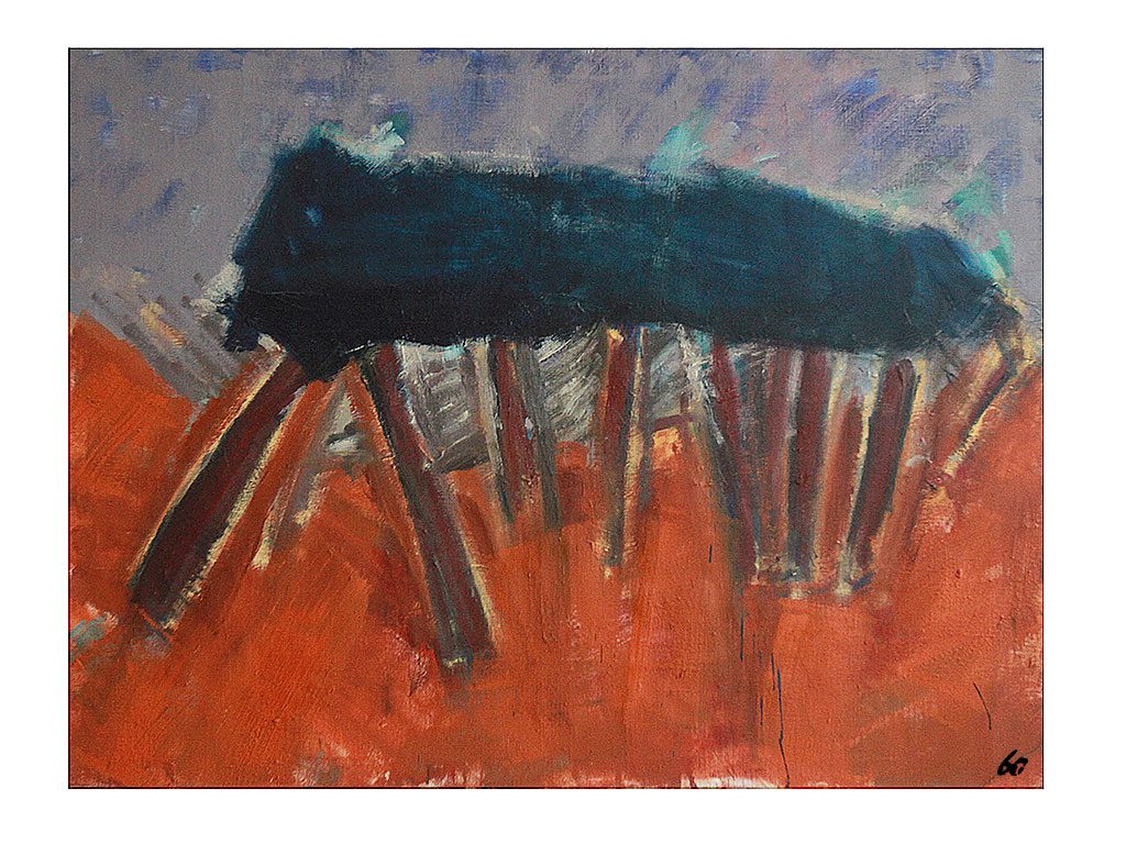 Olivenhain auf rotorangenem Feld